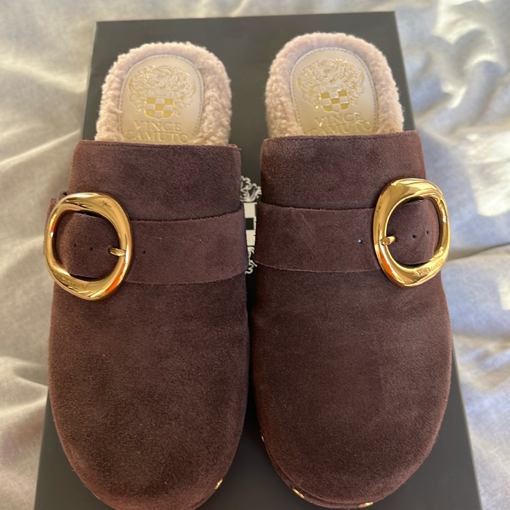 Vince Camuto Brown Suede Shearling-Lined Mules with Gold Buckles